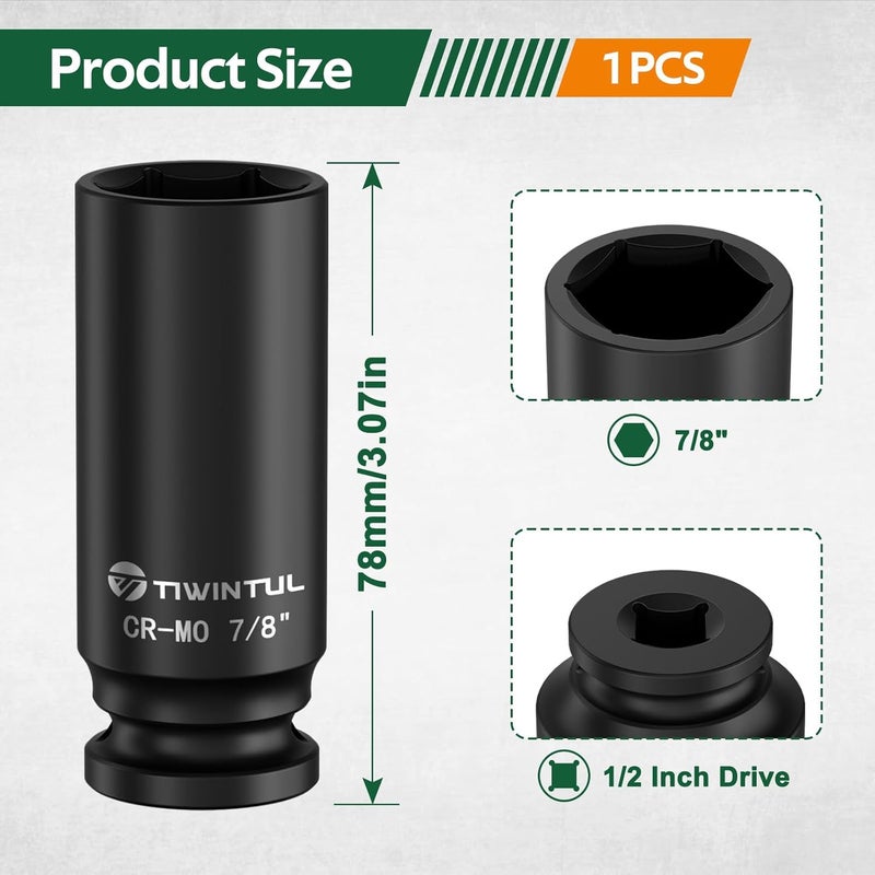 TIWINTUL 7/8" Impact Socket 1/2 Inch Drive, Deep CR-MO Steel Impact Socket, 3.07" Length, 6 Point Design, SAE Size Socket for Automotive and Mechanical Equipment Maintenance - Image 1